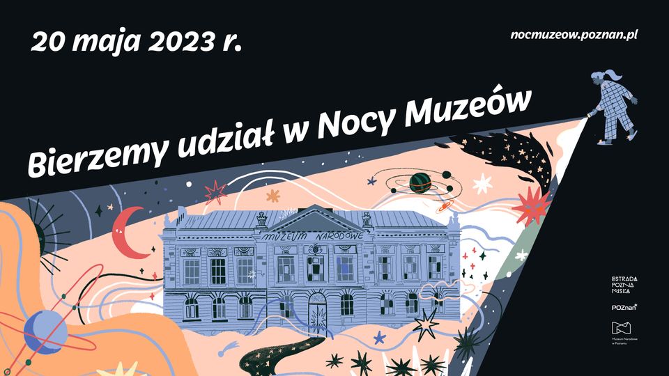 W górnym prawnym narozniku rysunkowa dziewczynka trzma latarkę, której światło wyświetla budynek muzeum latającego w kosmosie.