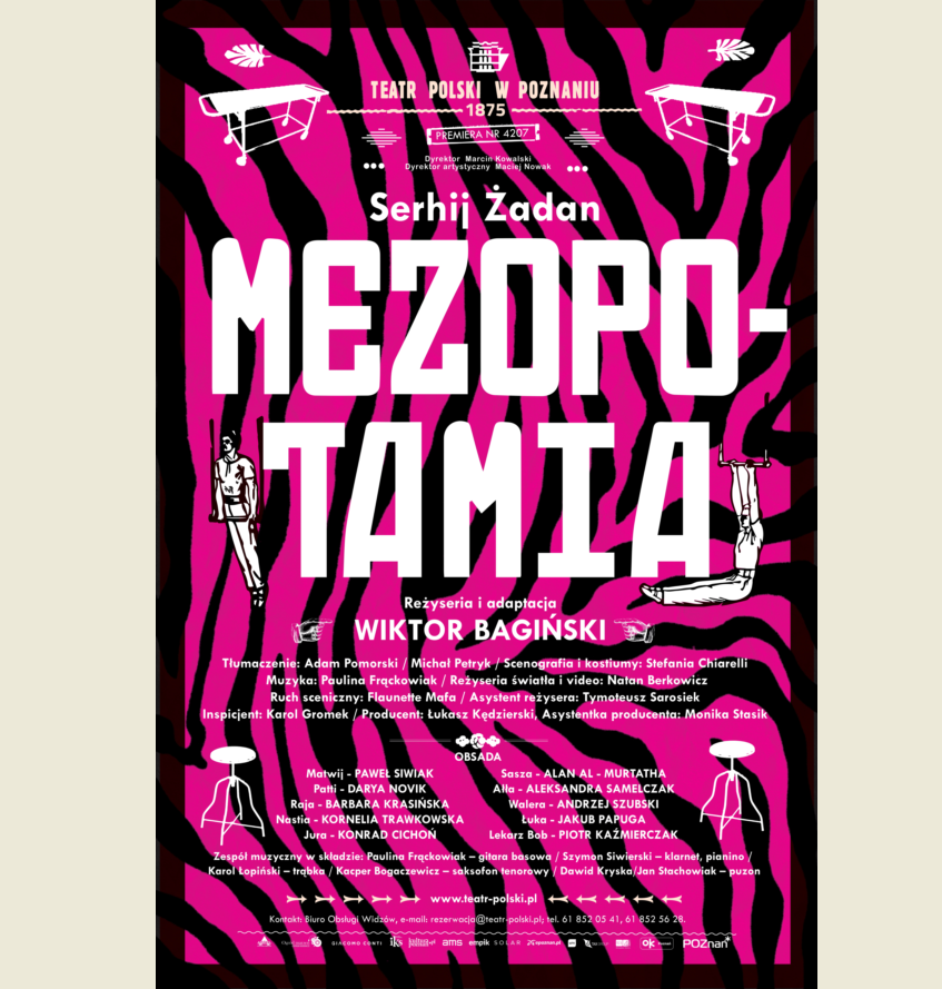 na różowo-czarnym tle białe napisy informacyjne o spektaklu