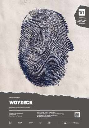 Plakat z rysunkiem twarzy z profilu. Rysunek twarzy wypełniony jest licznymi, cienkimi liniami przypominającymi odcisk palca. Na dole plakatu informacje na temat spektaklu.