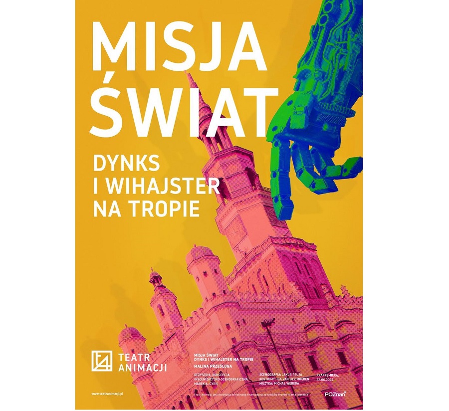 Na ciemnożółtym tle widoczny budynek ratusza w kolorze ciemnoróżowym pochylony w lewą stronę, nad nim dłoń robota. Na plakacie również informacje o spektaklu: tytuł, autorzy.