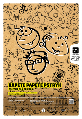 Na beżowym tle rysunki twarzy i różnych przedmiotów np. aparatu fotograficznego, łódki, domu, roweru i innych. U dołu plakatu informacje o przedstawieniu na żółtym tle.