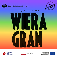 Różnokolorowe poziome, przenikające się pasy, na nich czarny napis "Wiera Gran".