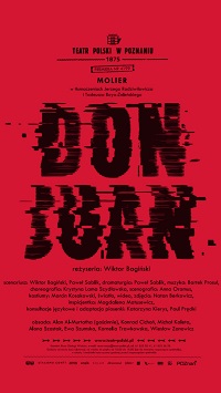 Na czerwonum tle czarny niewyraźny tytuł i informacje o spektaklu.