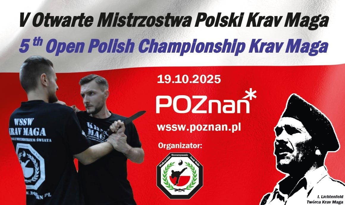 Plakat V Otwartych Mistrzostw Polski Krav Maga - na biało-czerwonym tle dwóch walczących ze sobą w czarnych strojach mężczyzn, po prawej stronie wizerunek żołnierza w berecie, ponadto nazwa zawodów, jego termin i logotyp organizatora