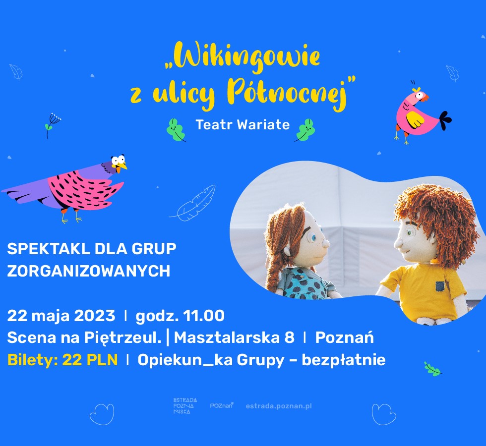 Zdjęcie dwóch lalek oraz informacje na temat wydarzenia na niebieskim tle.