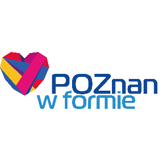 Tło plakau jest białe, znajduje się na nim po lewej stronie serce w kolorach różowym, żółtym oraz niebieskim, na prawo od serca jest niebieski napisa "POZnan w formie".