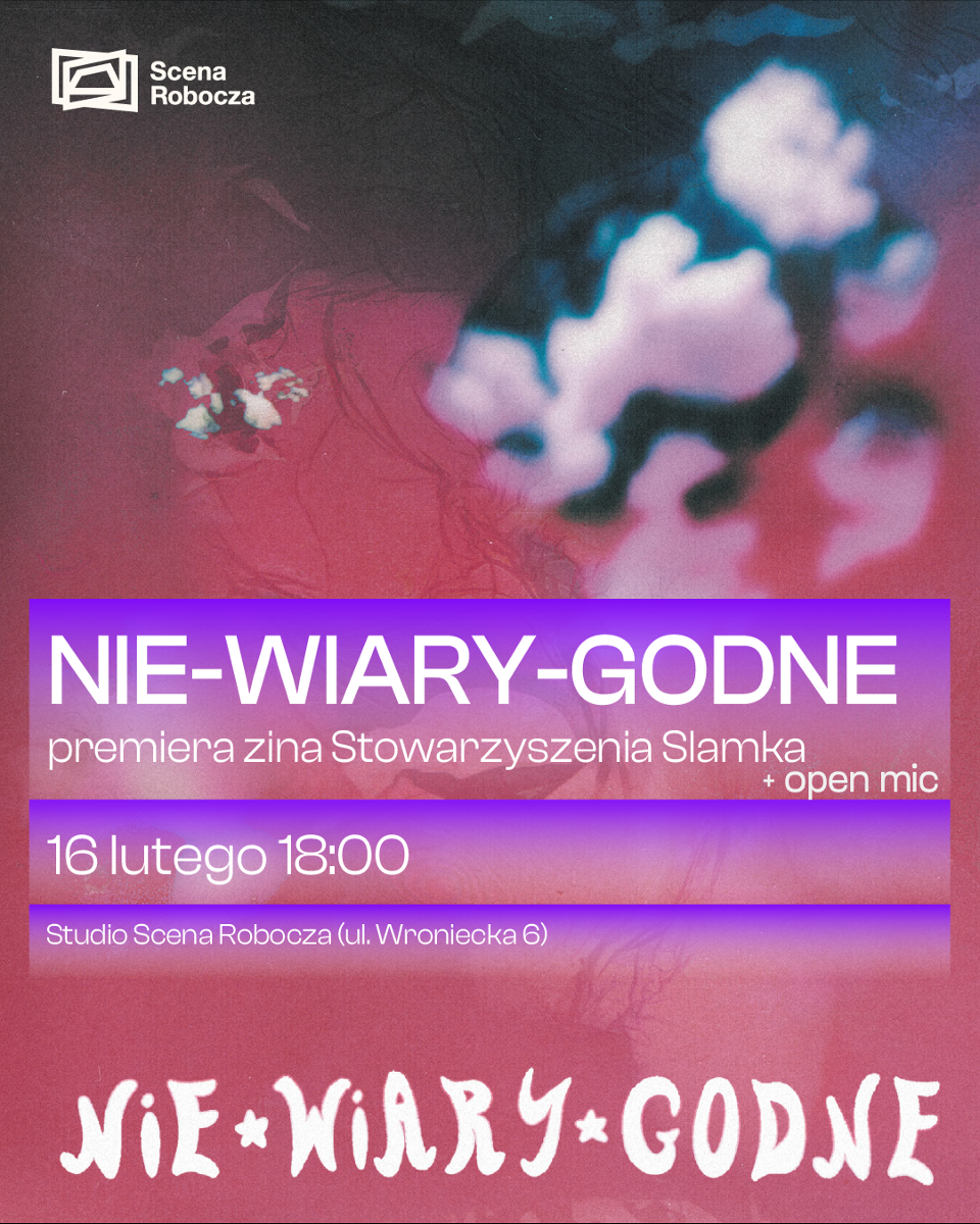 Grafika w czerwono-fioletowym kolorze. Białe napisy informujące o wydarzeniu, w tle jakieś nieokreślone, rozmazane kształty.