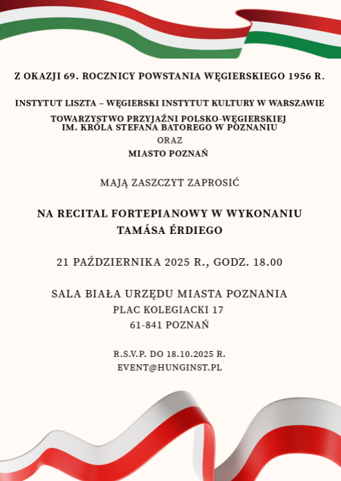 Czarne napisy na beżowym tle. Szczegółowe informacje na temat wydarzenia zawarte w treści artykułu. U góry wstęga ze wzorem flagi Węgier. Na dole wstęga ze wzorem flagi Polski.