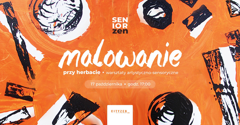 Czarno-białe kształty, głównie koła i prostokąty rozrzucone przy krawędziach grafiki na pomarańczoywm tle. W centrum tytuł wydarzenia, logo organizatora oraz szczegóły zawarte w treści artykułu.