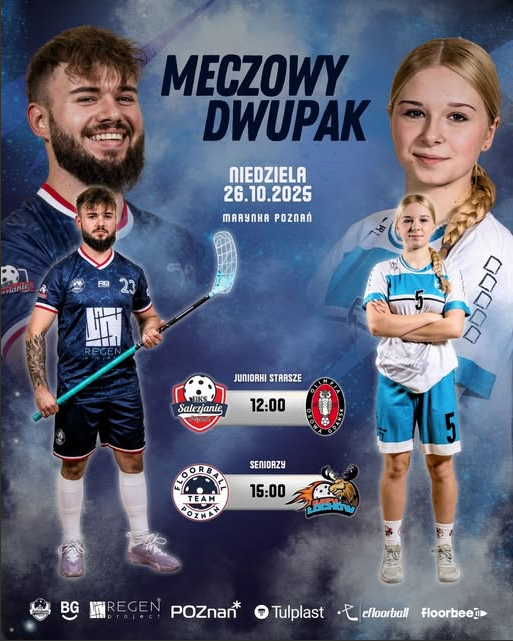 Po lewej stronie stoi zawodnik w granatowym stroju z kijem do unihokeja, po prawej zawodniczka w biało-niebieskim stroju z rękami skrzyżowanymi. Tło jest niebieskie z efektem dymu i światła. W środkowej części szczegółowe informacje na temat wydarzenia zawarte w treści artykułu.