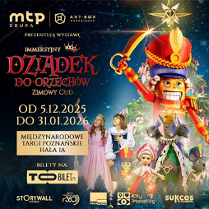 Kolorowa, świąteczna grafika przedstawiająca dużą postać dziadka do orzechów w królewskim stroju, trzymającego miecz.Na dole znajdują się tańczące lub pozujące dzieci w kostiumach baletowych, w tym dziewczynka w różowej sukni i inna trzymająca zabawkowego żołnierzyka. W tle widoczne są bajkowe postacie, w tym mysi król, dekoracje zimowe i świąteczne światła.