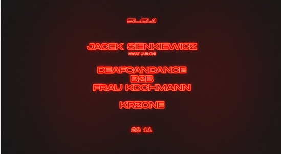 Ciemna, minimalistyczna grafika z neonowym, czerwonym tekstem. Na plakacie widać artystów występujących podczas wydarzenia. Informacje zawarte w treści artykułu.