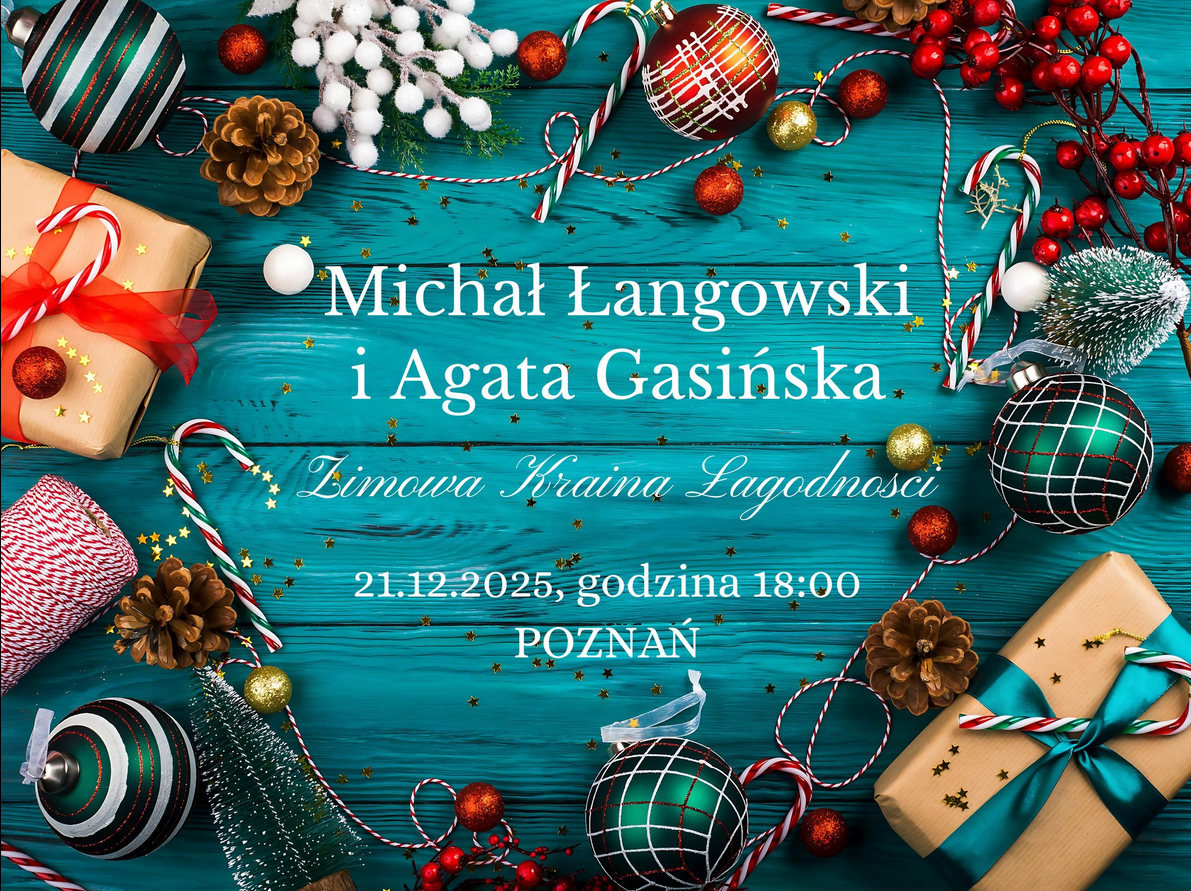 Tło grafiki przypomina drewno pomalowane na niebiesko. Wokół widać przedmioty związane ze Świętami Bożego Narodzenia jak bombki, szyszki, laski cukrowe, jarzębina, zapakowane prezenty i choinka. Na środku białe napisy informacujące o szczegółach wydarzenia, które są zawarte w treści artykułu.