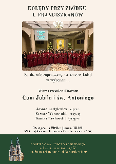 Grupa osób stojących w kilku rzędach, ubranych w jednakowe, czerwone stroje stroje. Powyżej tytuł wydarzenia, poniżej informacje zawarte w treści artykułu. W dolnym lewym rogu widać zdjęcie Kościoła Świętego Franciszka w Poznaniu.