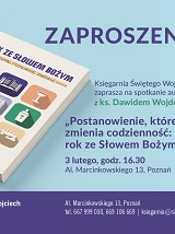 Plakat prezentujący książkę, z lewej strony widać okładkę, z prawej otwartą książkę. Pomiędzy nimi napisy będące informacjami o wydarzeniu, które są zawarte w treści artykułu. Fioletowe napisy na niebiesko-zielonym, jednolitym tle. Poniżej fioletowy pasek z białymi napisami - informacjami o Księgarni Świętego Wojciecha.