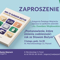 Plakat prezentujący książkę, z lewej strony widać okładkę, z prawej otwartą książkę. Pomiędzy nimi napisy będące informacjami o wydarzeniu, które są zawarte w treści artykułu. Fioletowe napisy na niebiesko-zielonym, jednolitym tle. Poniżej fioletowy pasek z białymi napisami - informacjami o Księgarni Świętego Wojciecha.