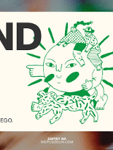 Plakat wydarzenia z zieloną ilustracją twarzy przypominającej słońce. Na nim siedzące dwie postaci. Poniżej zwierzę przypominające tygrysa. Wokół informacje o wydarzeniu zawarte w treści artykułu. Na zewnętrznych krawędziach kolorowa ramka.