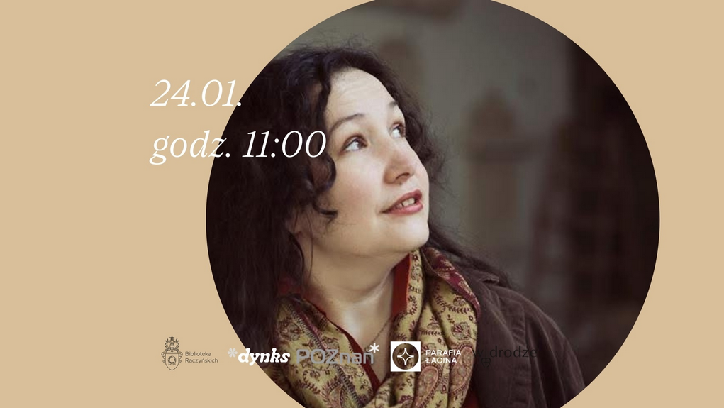 Portret kobiety z ciemnymi kręconymi włosami, patrzącej w górę, na jasnym tle. Wokół informacje o wydarzeniu zawarte w treści artykułu oraz loga organizatorów.