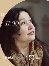 Portret kobiety z ciemnymi kręconymi włosami, patrzącej w górę, na jasnym tle. Wokół informacje o wydarzeniu zawarte w treści artykułu oraz loga organizatorów.