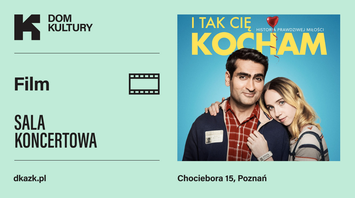 Niebieskie, jednolite tło. Z prawej strony plakat filmu prezentujący przytulającą się parę oraz tytuł filmu. Z lewej strony informacje o wydarzeniu i organizatorach, zawarte w treści artykułu.