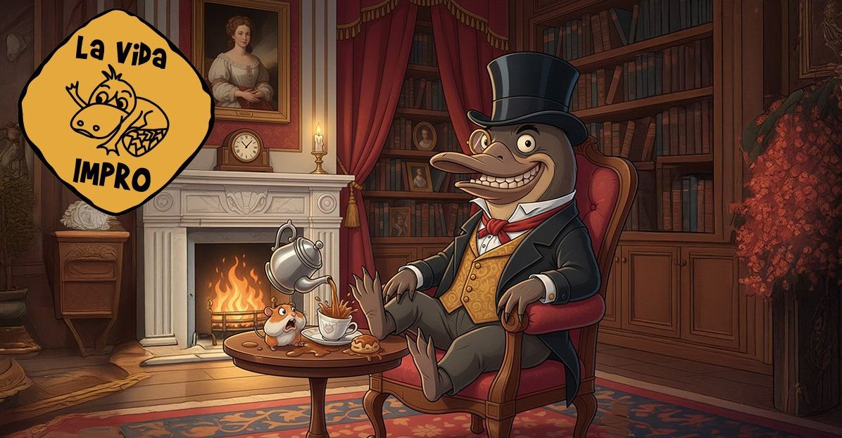 Grafika w stylu kreskówkowym: elegancko ubrany dziobak w cylindrze siedzi w fotelu przy kominku w bibliotece. Obok na stoliku znajduje się filiżanka, czajnik i małe zwierzątko, a w tle widać regały z książkami i ciepłe światło z kominka. Powyżej umieszczono zegar i obraz. W lewym órym rogu umieszczono żółty znak z ilustracją dziobaka i napisem: "La vida impro".".