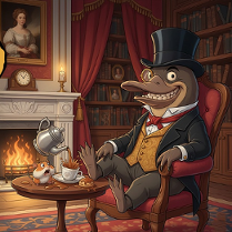 Grafika w stylu kreskówkowym: elegancko ubrany dziobak w cylindrze siedzi w fotelu przy kominku w bibliotece. Obok na stoliku znajduje się filiżanka, czajnik i małe zwierzątko, a w tle widać regały z książkami i ciepłe światło z kominka. Powyżej umieszczono zegar i obraz. W lewym órym rogu umieszczono żółty znak z ilustracją dziobaka i napisem: "La vida impro".".