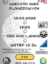 Na górze po lewej stronie znajduje się kość do gry. W tle umieszczono duży, jasnoszary zarys mapy z siatką ulic. Na froncie dłonie pikselowe wskazujące w dół. Po prawej stronie plakatu umieszczono logotypy wydawców gier planszowych. U dołu widnieje żółty przycisk z napisem "Start". Pod nim znajdują się trzy dodatkowe logotypy z ilustracją graczy przy stole, logo Plan-Sza oraz zielono-białe logo ODK "Pod Lipami". Oprócz tego widoczne napisy - szczegóły na temat wydarzenia zawarte w treści artykułu.