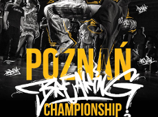 Plakat zawodów Poznań Breaking Championship vol. 3 - na ciemnym tle przedstawiona jest sylwetka zawodnika uprawiającego breaking, a wokół niego obserwujące rywalizację osoby. W żółtym i białym kolorze najważniejsze informacje na temat wydarzenia