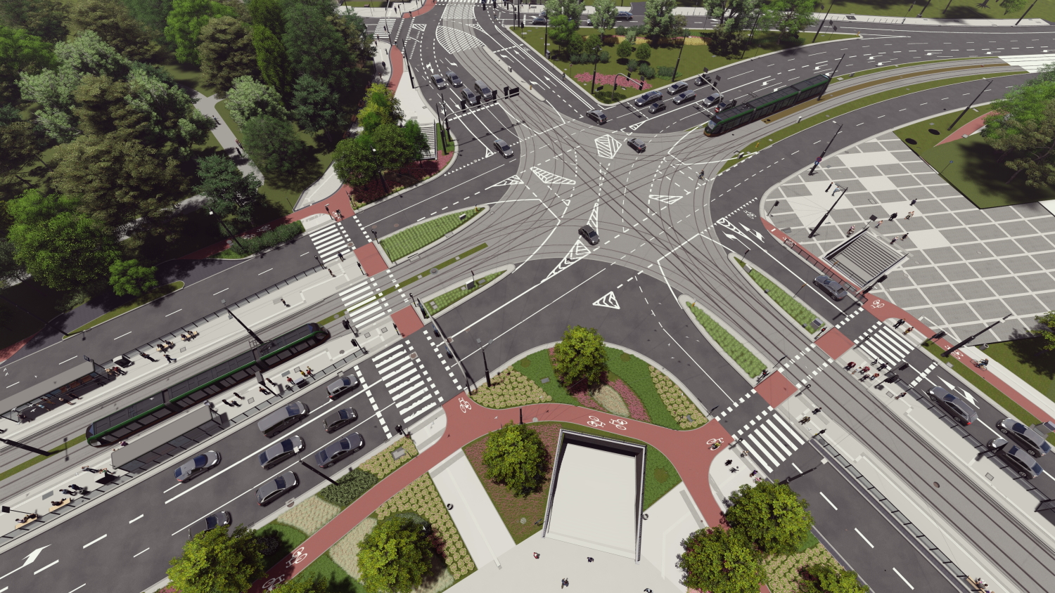 Poglądowa wizualizacja zmodernizowanego skrzyżowania ulic Matyi, Niezłomnych, Ratajczaka, Królowej Jadwigi i Wierzbięcic