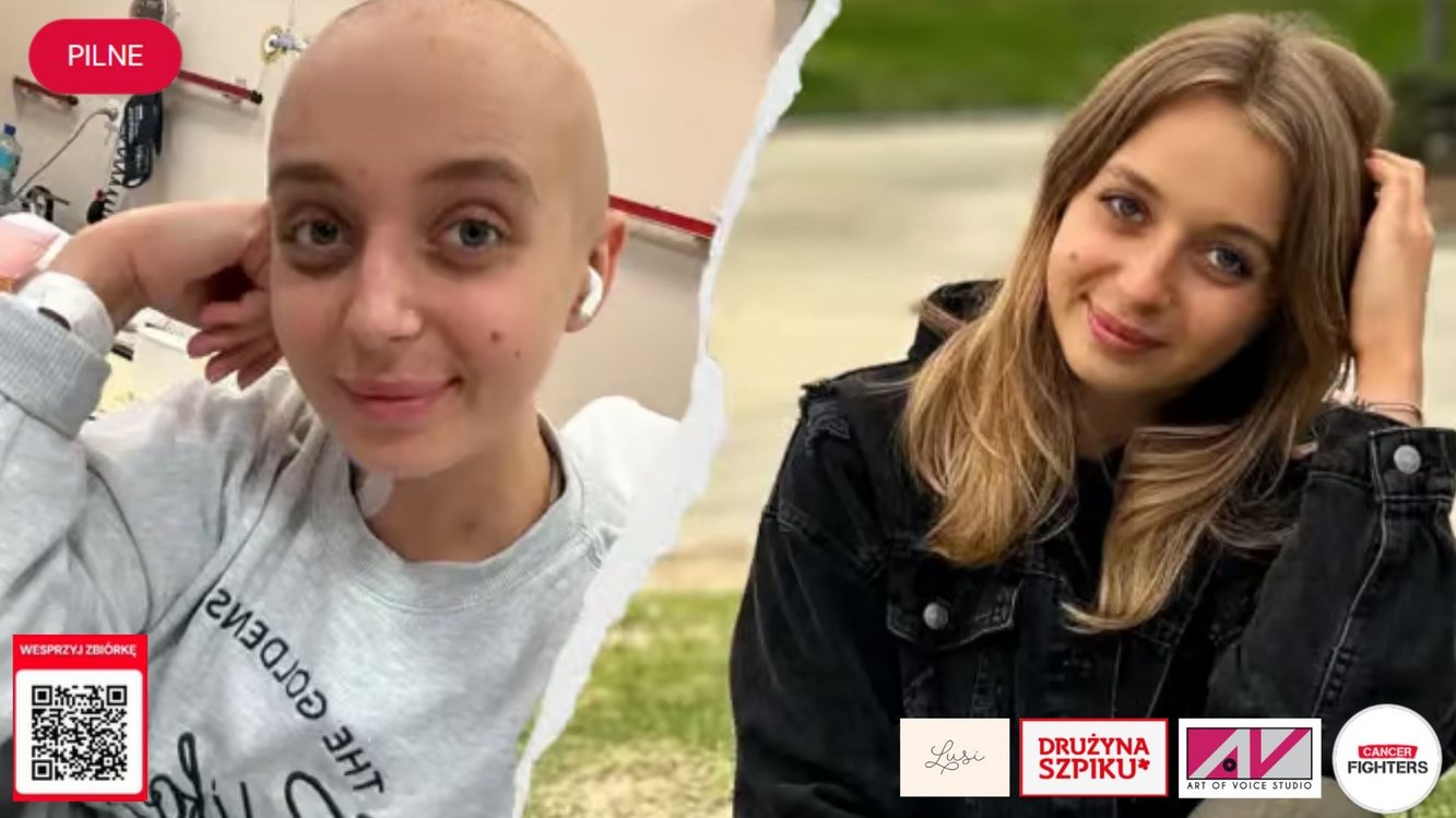Plakat, który promuje koncert charytatywny, podczas którego będą zbierane pieniądze na leczenie młodej dziewczyny. Na plakacie dwa zdjęcia dziewczyny: przed i w trakcie leczenia.