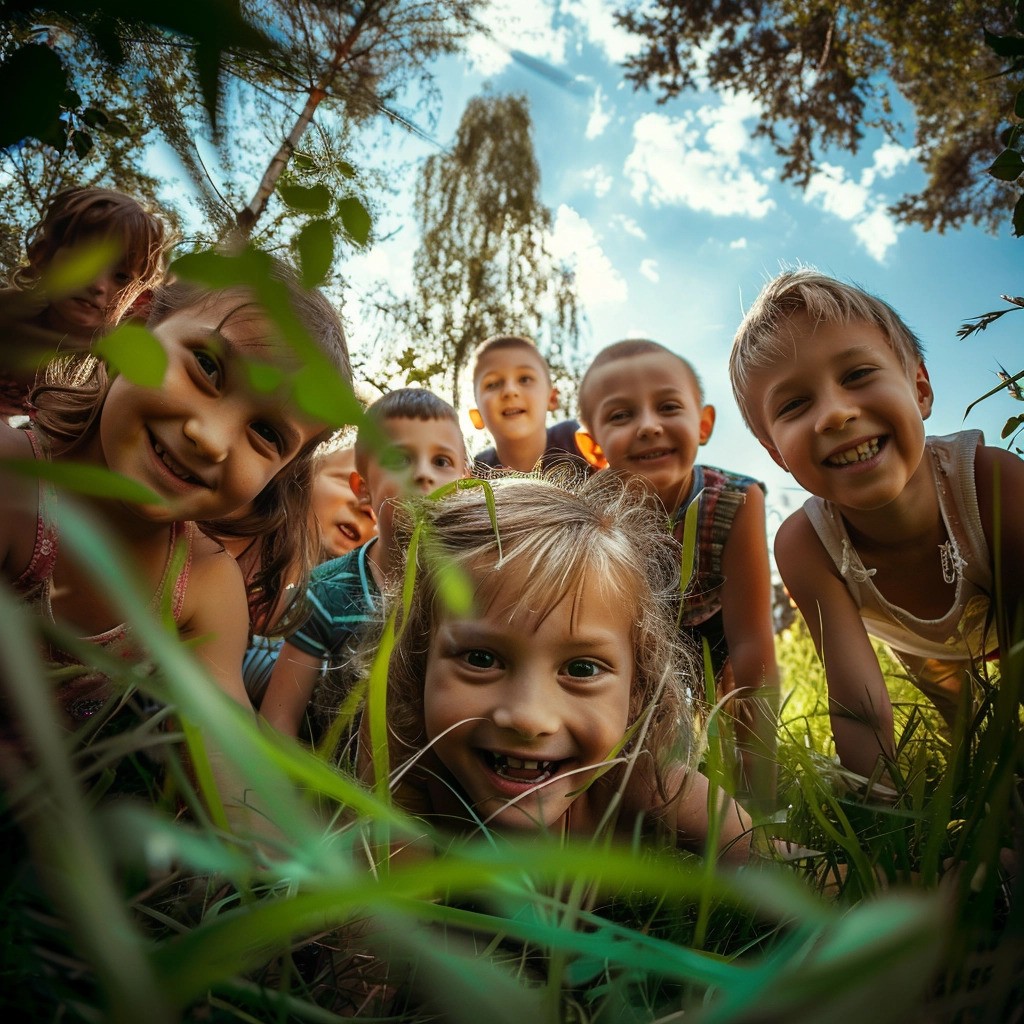 Grupa uśmiechniętych dzieci pochyla się nad aparatem. Dookoła nich rośliny.