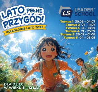 Grafika reklamująca Półkolonie językowo - sportowe, rysunkowe postaci dzieci rozbigane na łące, obok napisy informujące o wydarzeniu.