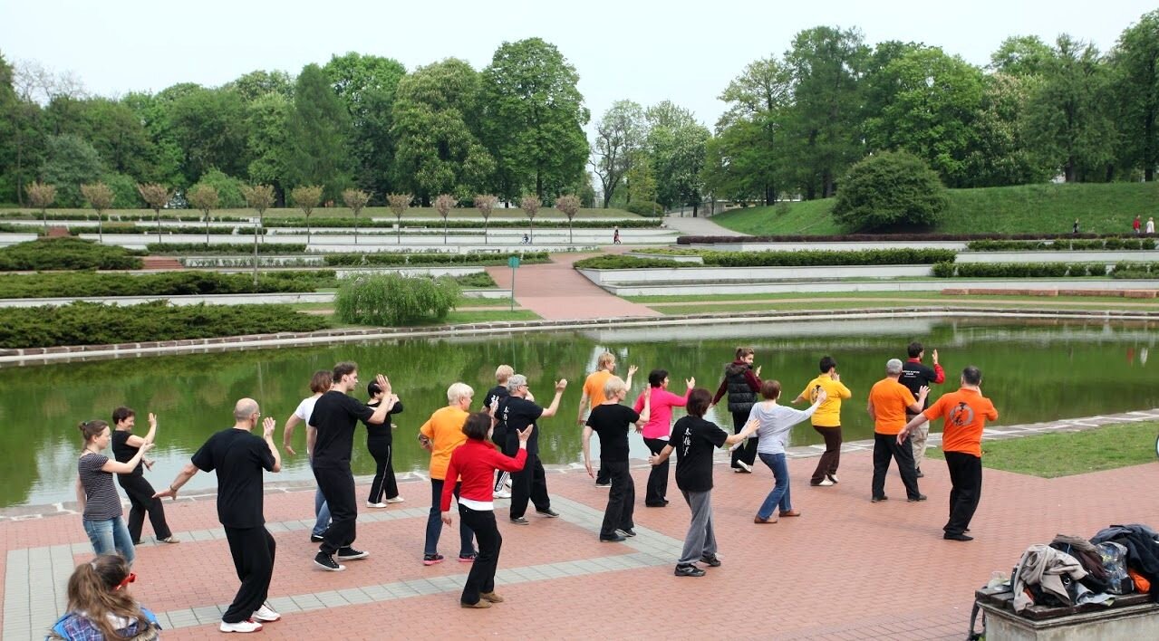 Osoby w różnym wieku stoją nad wybrzeżem stawu na Cytadeli i ćwiczą ruchy Tai Chi. W tle drzewa parku i reszta ścieżki nad stawem.