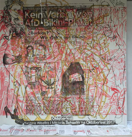 Praca współna. Postaci kobiet - grafika. Całość pokryte malunkami w czerwieni.