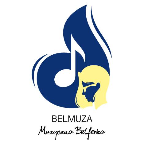 Logo pracowni muzycznej Belmuza. Niebieska nutka i profil kobiety z blond włosami i okularami.