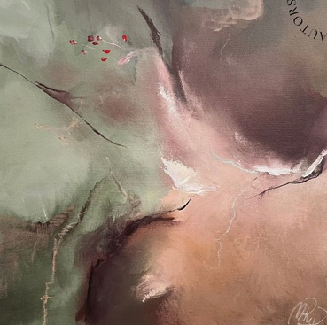 Abstrakcyjny obraz przedstawiający harmonijną kompozycję pastelowych odcieni zieleni, brązu i beżu.