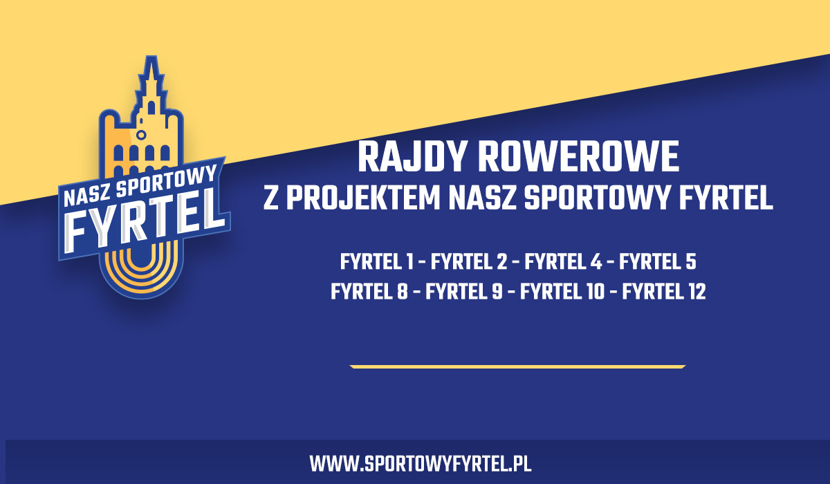 Żółto-niebieskie logo z budynkiem Ratusza i napisem "nasz sportowy Fyrtel"