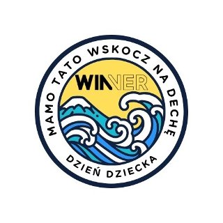 Plakat promujący rodzinny Dzień Dziecka "Mamo Tato wskocz na dechę" w okrągłej formie. Wnętrze wypełnia rysunek wzburzonego morza, dookoła napisy informujące o wydarzeniu.
