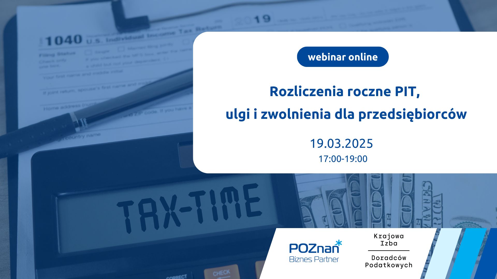Grafika promująca szkolenie. W tle kalkulator na ktorym napisane jest TAX oraz dokumenty,długopis i pieniądze.