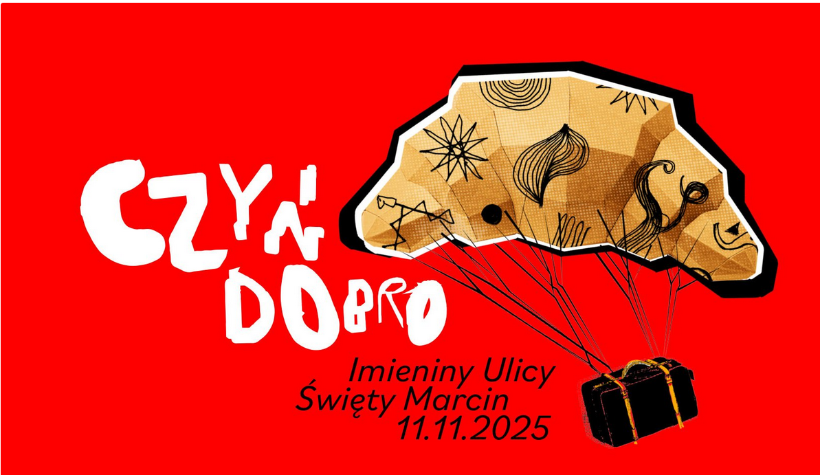 Rycina przedstawia plakat towarzyszący Imieninom Ulicy Święty Marcin. Na czerwonym, jednolitym tle znajduje się rysunek rogala świętomarcińskiego, do którego linkami przyczepiona została walizka w stylu retro. Sam rogal ma formę geometryczną, przypominającą gięty papier i ma kolor brązowy. Cała kompozycja przypomina unoszący się balon.