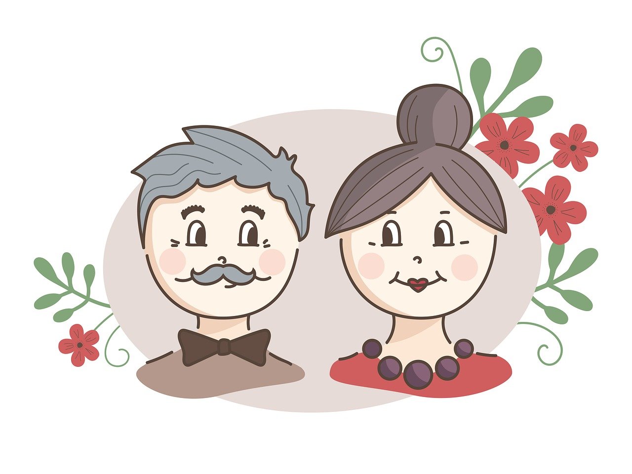 Rysunek przedstawia babcie i dziadka patrzących na siebie. Dziadkowie się uśmiechają. Dziadek ma szare włosy, wąsa i jest ubrany w koszulę i muszkę. Babcia ma brązowego koka, czerwoną szminkę. Ubrana jest w korale i czerwoną koszulkę. W tle czerwone kwiaty.