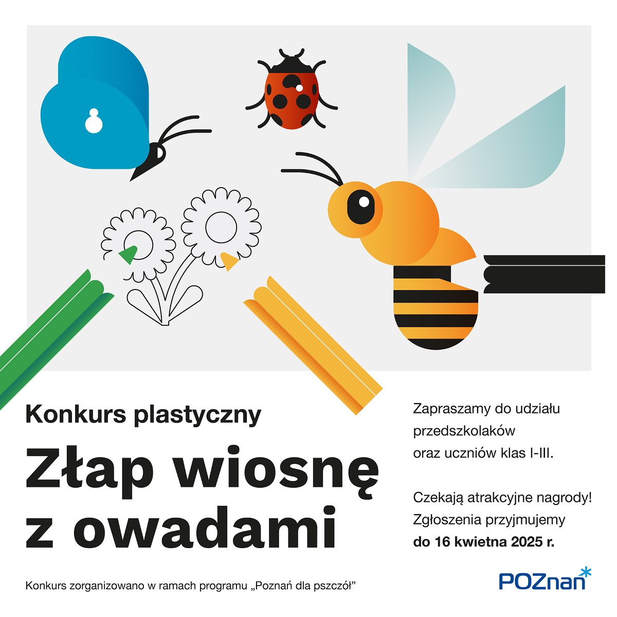 Rysunek pszczoły, motyla, biedronki, kwiatka i 3 kredek