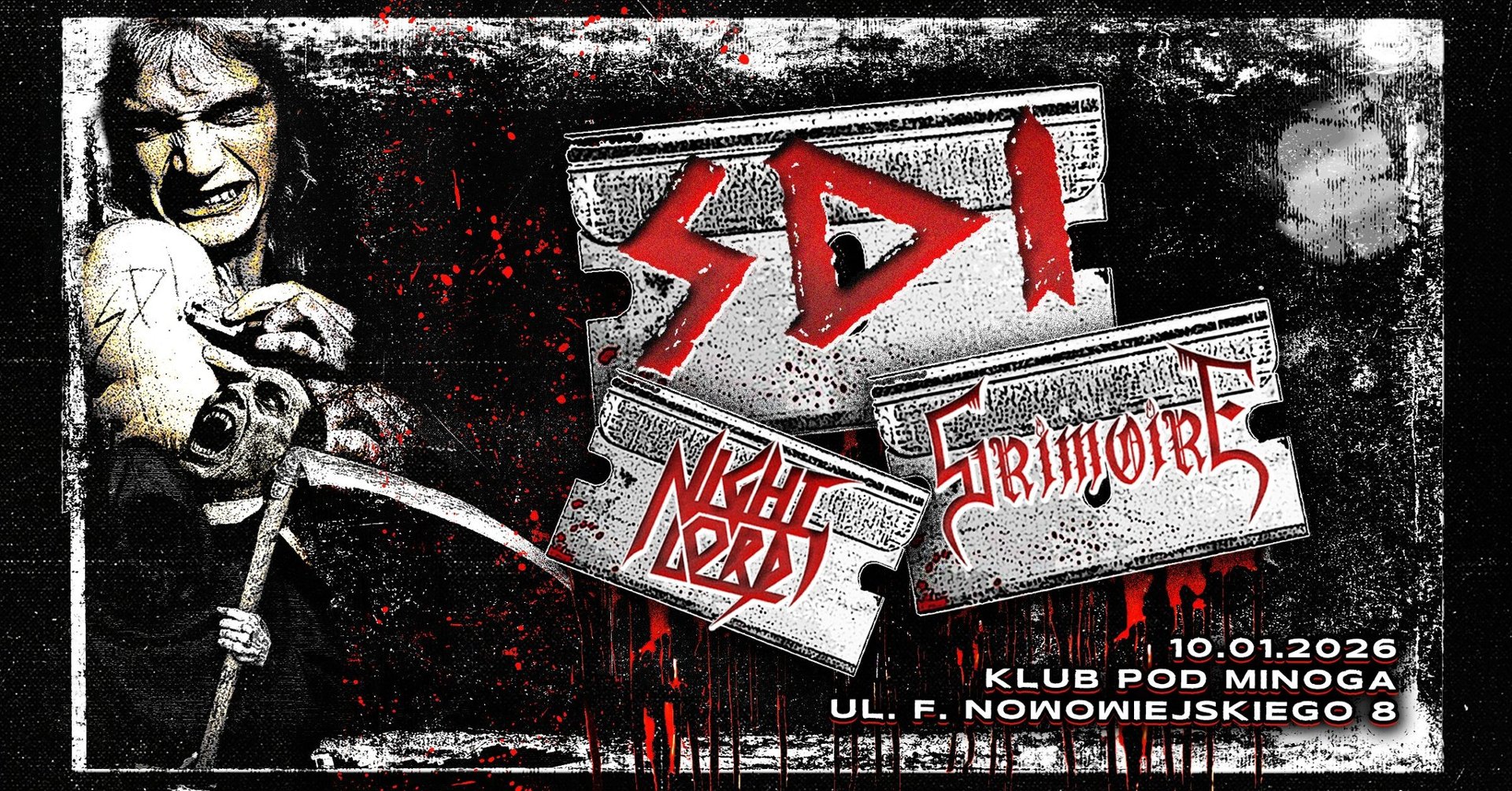 Szaro-czarno-czerwony plakat. W centrum trzy żyletki, a na nich czerwone napisy nazw zespołów. Po lewej sylwetka mężczyzny z wykrzywioną twarzą.