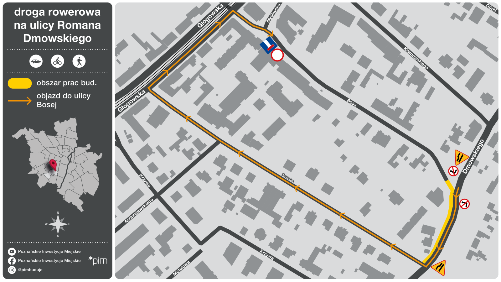 Schemat drogi rowerowej na ulicy Romana Dmowskiego, kolorem żółtym zaznaczono obszar prac budowlanych, żółtą strzałką objazd do ulicy Bosej.