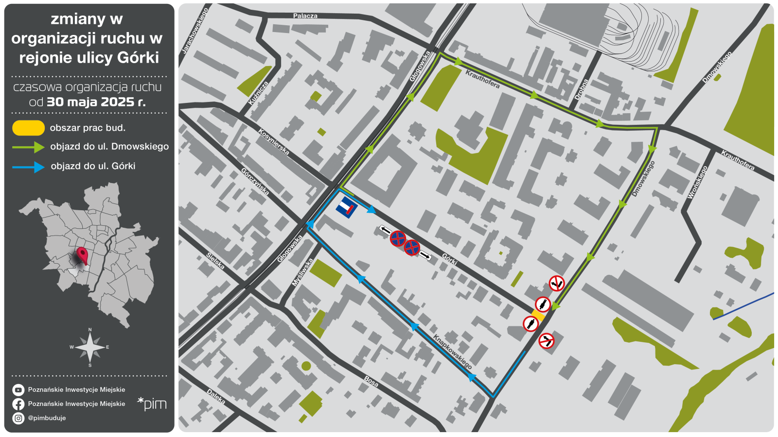 Schemat organizacji ruchu na czas prac w rejonie ul. Dmowskiego