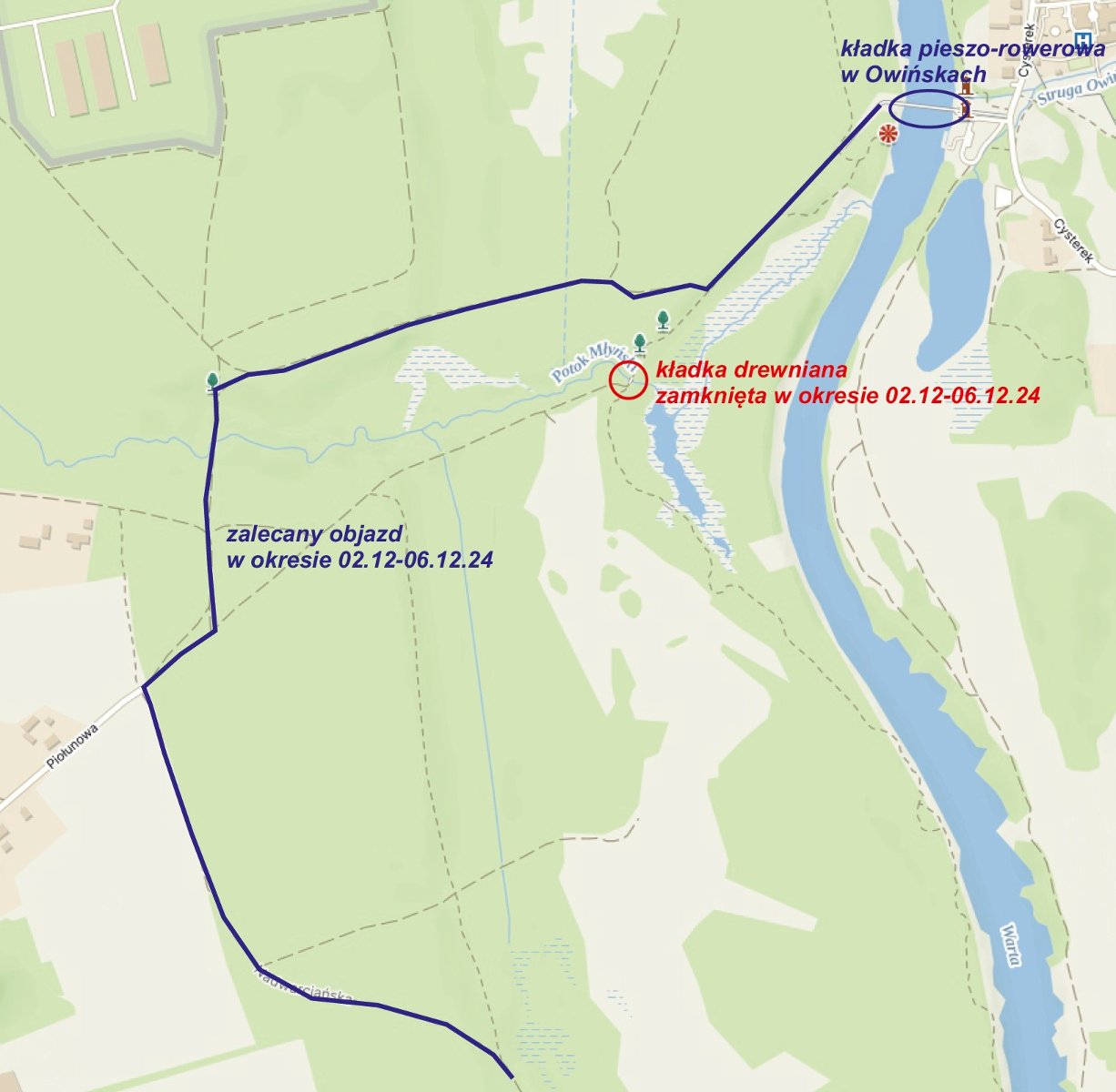 Schemat z zaznaczoną na granatową trasą objazdu oraz kółkiem oznaczającym miejsce braku przeprawy przez potok.