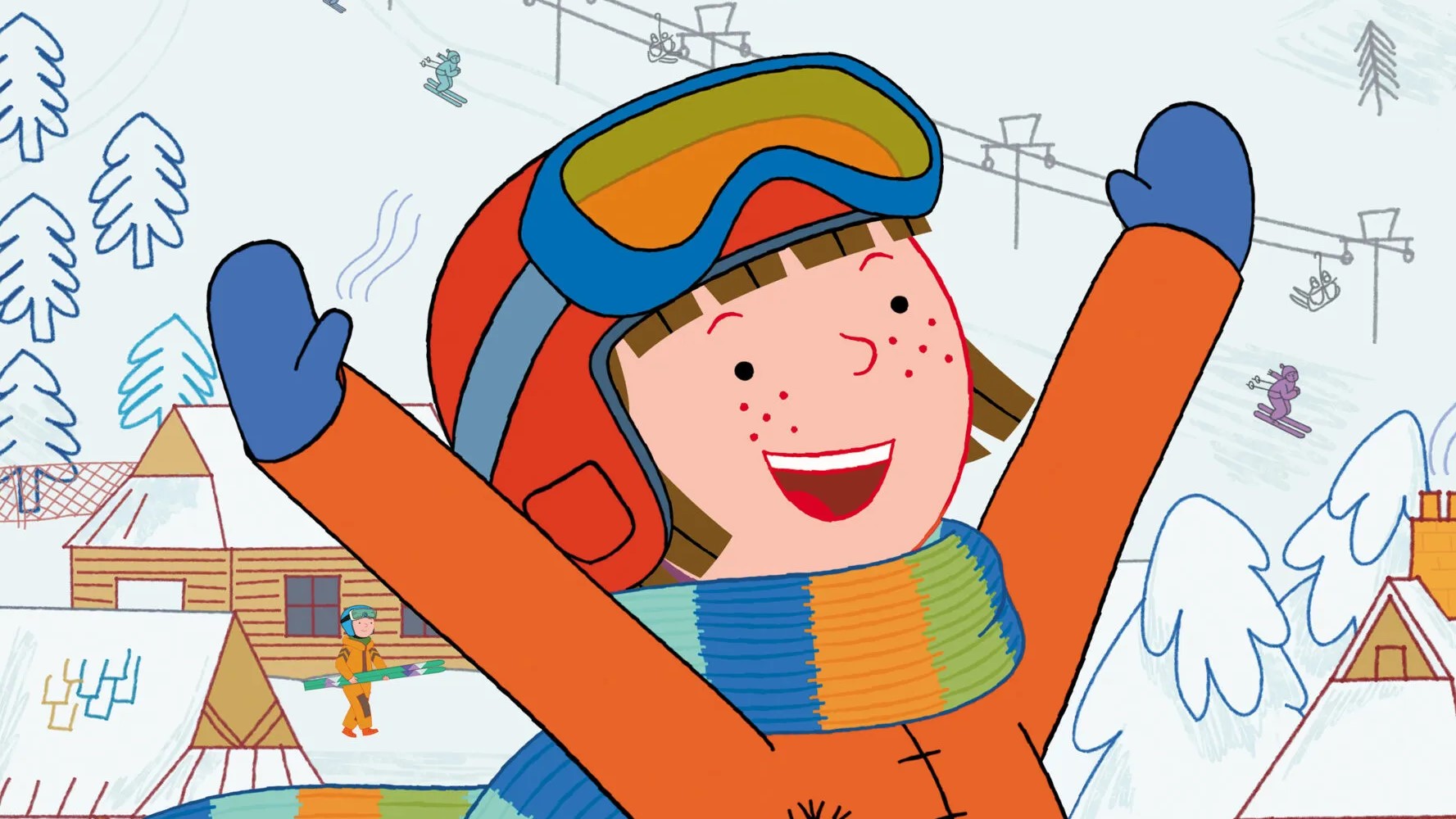 Rysunek roześmianej dziewczynki w zimowym stroju.