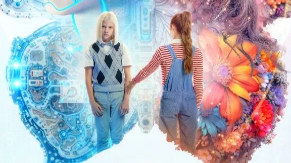 Dwoje dzieci na tle abstrakcyjnej grafiki.