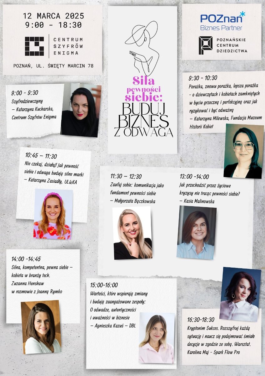 Grafika promująca konferencję. na szarym tle zdjęcia kobiet i program wydarzenia