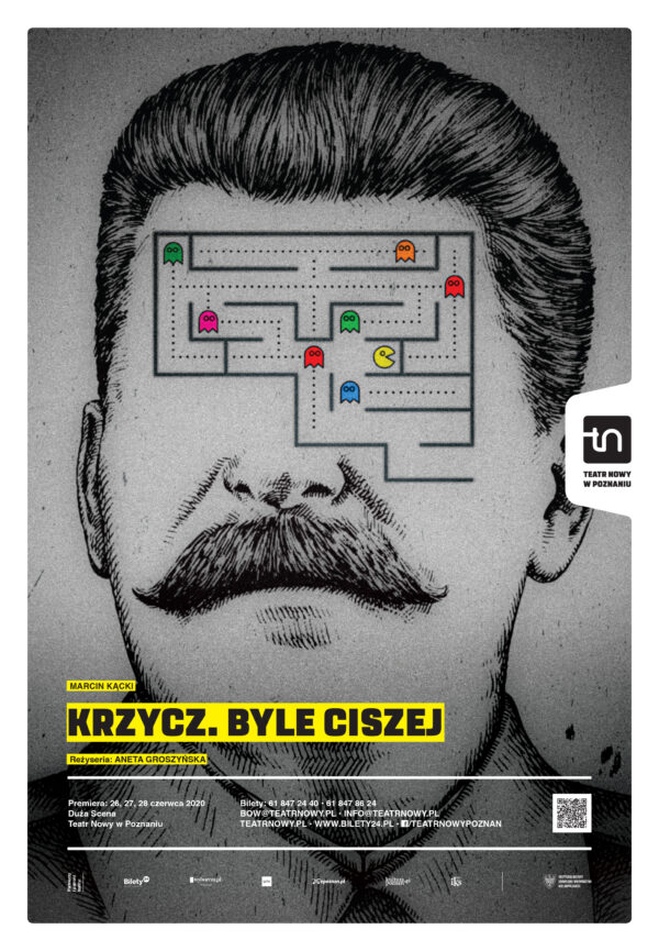 Plakat spektaklu - rysunek twarzy mężczyzny z wąsami (podobizna Józefa Stalina), zamiast oczu - rysunek labiryntu z kolorowymi emotikonami. Na dole plakatu informacje o spektaklu.